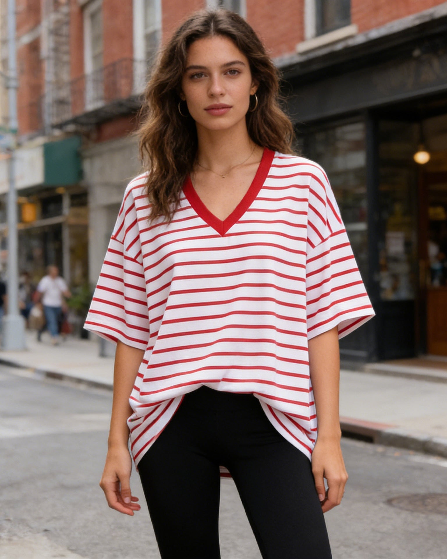 Blue and white loose fit striped v neck t shirt for women, crafted from soft and breathable cotton blend, perfect for spring and summer casual wear, 