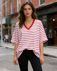 Blue and white loose fit striped v neck t shirt for women, crafted from soft and breathable cotton blend, perfect for spring and summer casual wear, 