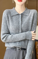 Wool Cardigan Polo Collar Knit Sweater
