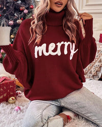 High-Neck Batwing Sleeve Christmas Knit Sweater