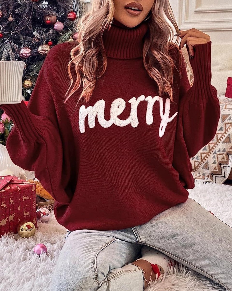 High-Neck Batwing Sleeve Christmas Knit Sweater