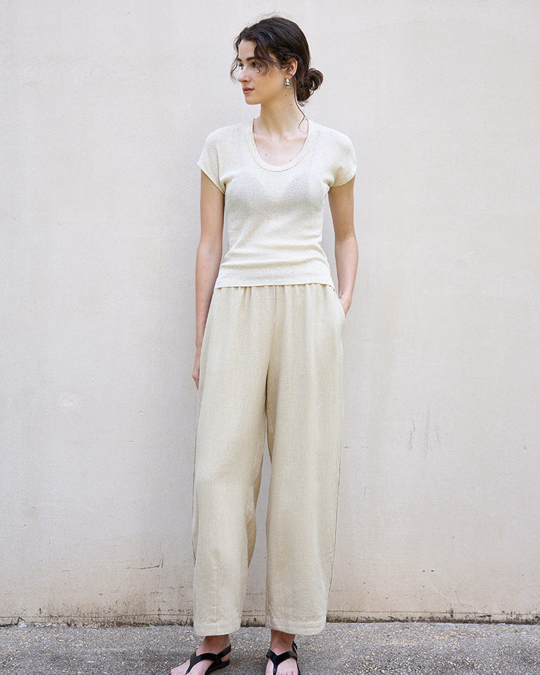 High Waist Linen-Blend Ankle Pants