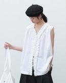 Ruffled v-neck button down shirt for women, crafted from soft and breathable premium fabric, featuring a relaxed silhouette and a unique ruffled detail, perfect for spring.