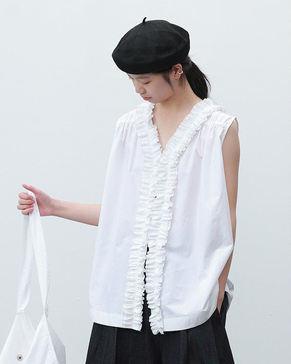 Ruffled V-Neck Button-Down Shirt