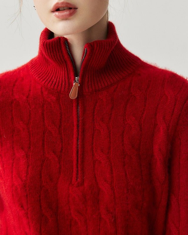 Cashmere Half-Zip Cable Knit Loose Sweater