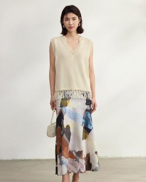 Casual V-Neck Fringed Knit Vest