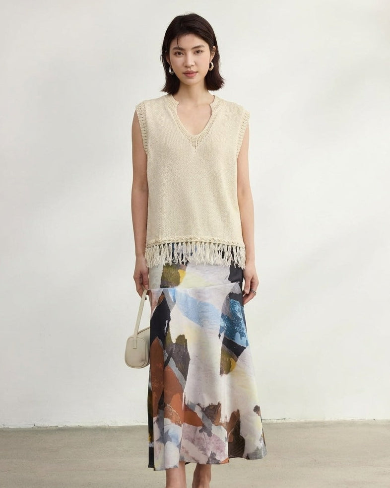 Casual V-Neck Fringed Knit Vest