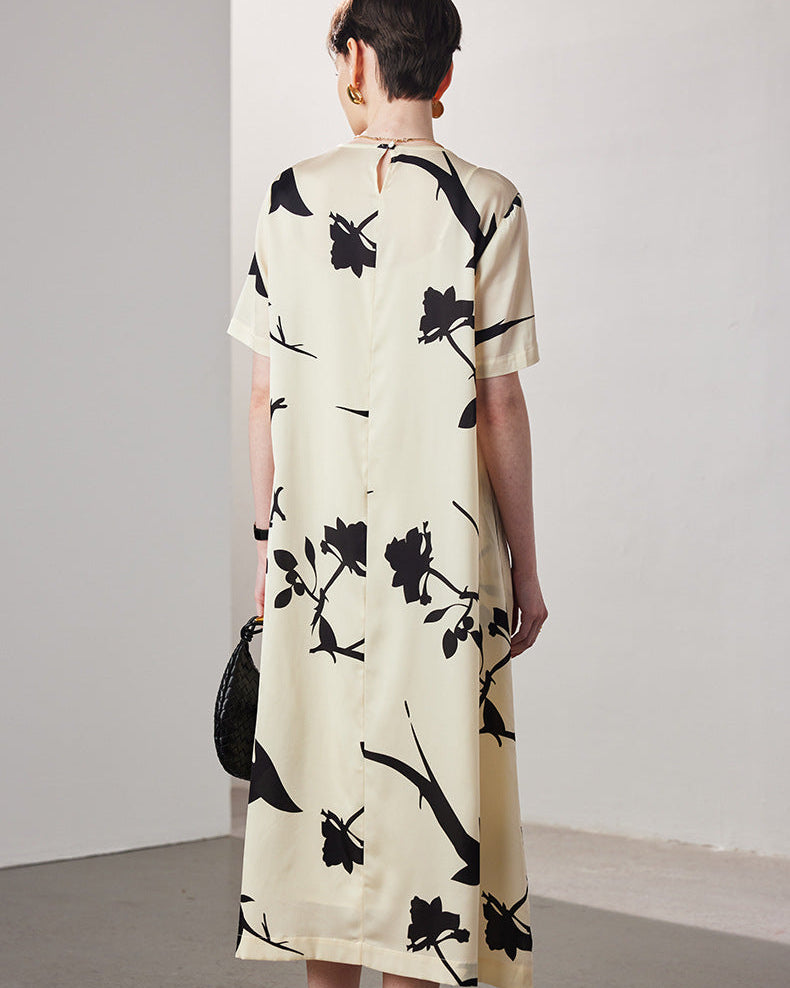 Loose-Fit Straight-Cut Short-Sleeve Silk Dress