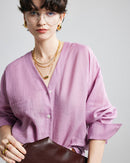 Loose-Fit Long-Sleeve V-Neck Linen Shirt