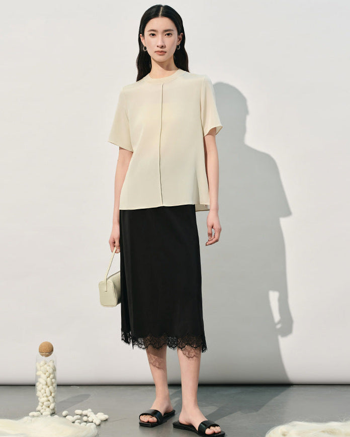 Crew Neck Loose-Fit Pleated T-Shirt