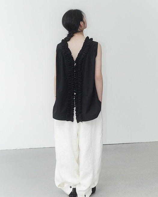 Ruffled V-Neck Button-Down Shirt
