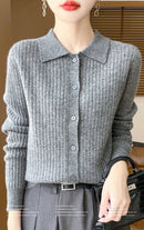 Wool Cardigan Polo Collar Knit Sweater