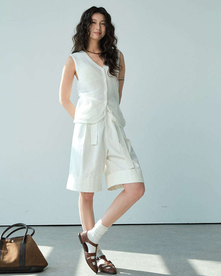 Loose-Fitting High-Waisted Tie-Up Shorts