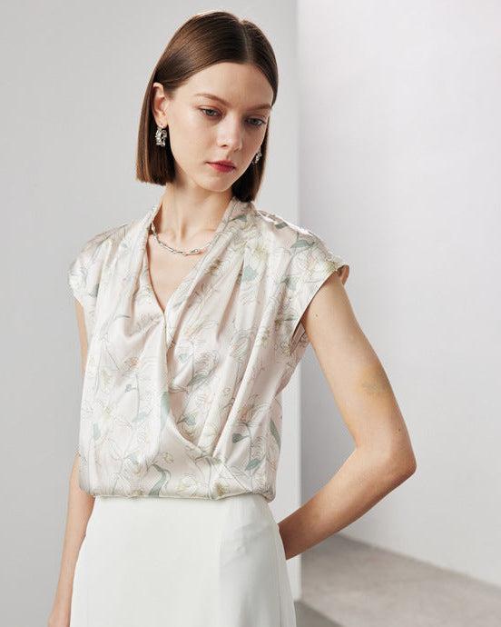 V-Neck Silk Printed Sleeveless Shirt