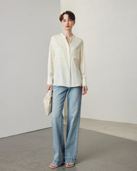 Loose-Fit Long-Sleeve Silk Shirt With Stand Collar