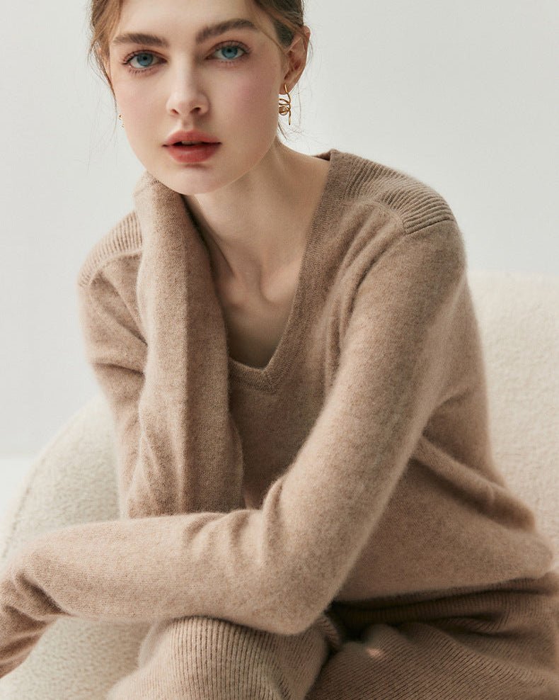 Cashmere V-Neck Saddle Shoulder Knit Sweater