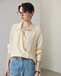 Women's long sleeve sand washed silk shirt in a solid neutral tone, featuring a matte texture and soft drape, perfect for Spring and Summer office wear.