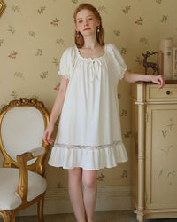 Cotton Short Sleeves Lace Nightdress