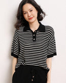 Casual Short-Sleeve Striped Wool Sweater