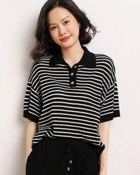 Casual Short-Sleeve Striped Wool Sweater