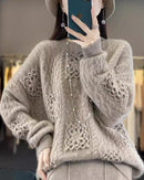 Wool Crew Neck Openwork Loose Slimming Sweater