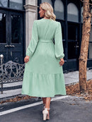 V-Neck Long Sleeve Tied Waist Dress