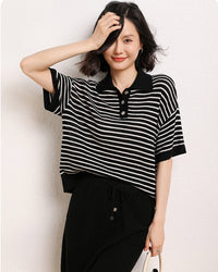 Casual Short-Sleeve Striped Wool Sweater