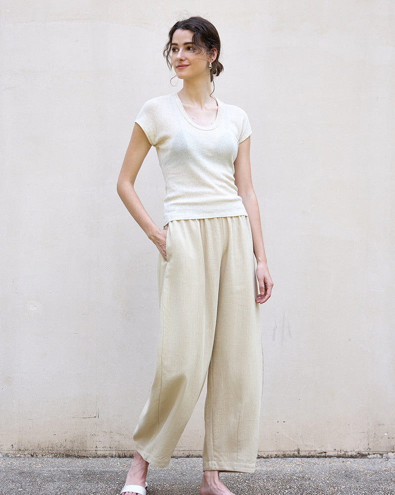 High Waist Linen-Blend Ankle Pants