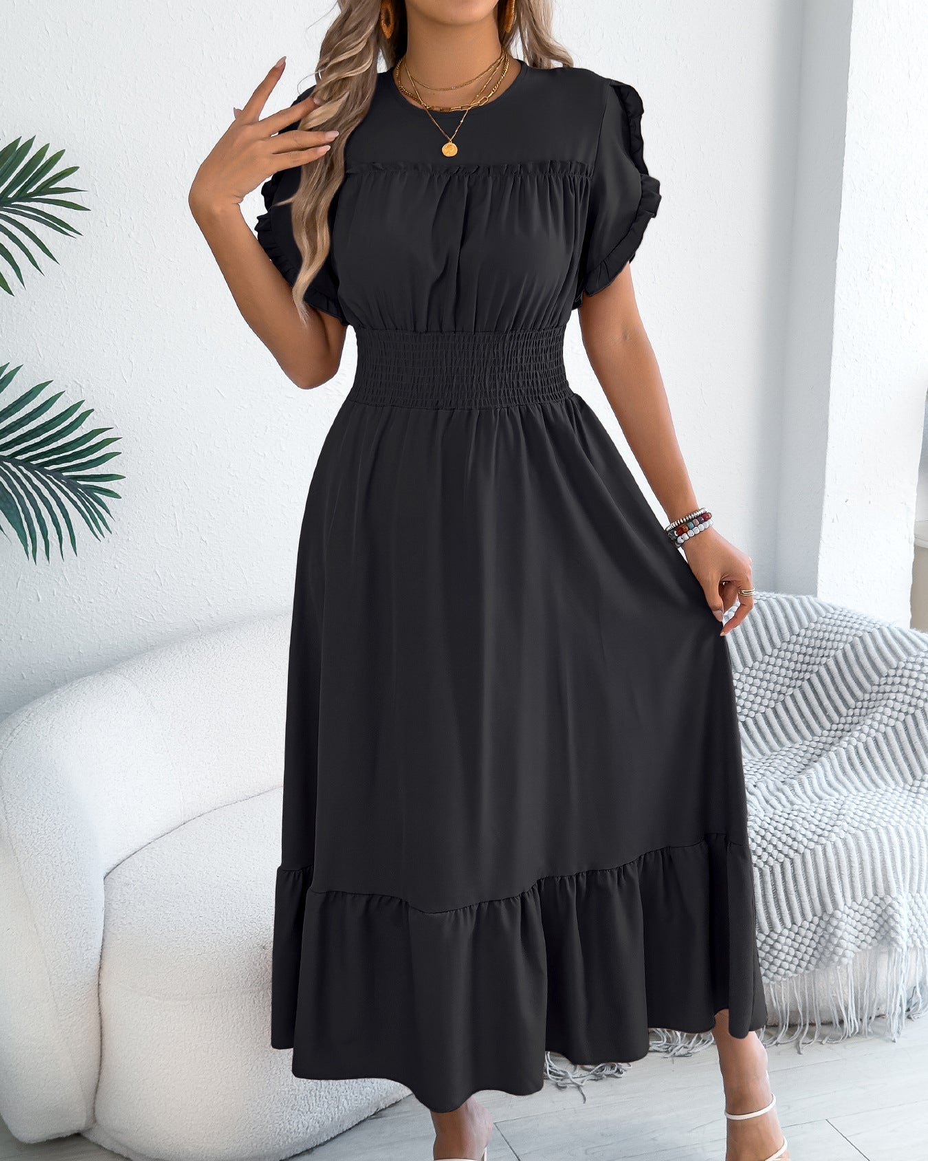 Casual Short-Sleeved Slim-Fit Long Dress