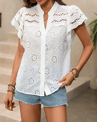 Discover the delicate eyelet embroidery and romantic ruffled sleeves of our signature blouse. Lightweight, breathable, and effortlessly elegant—perfect for brunch, weekends, and everyday sophistication.