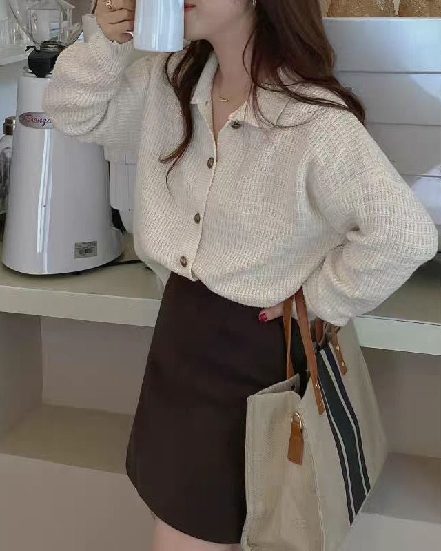 Wool Cardigan Polo Collar Sweater