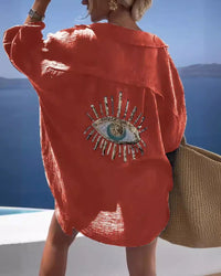 Front view of a women's long sleeve lapel shirt made from a breathable cotton and linen blend, featuring a casual versatile design for Spring and Summer  fashion.