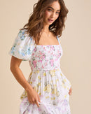 Puff-Sleeved Printed Pleated Dress
