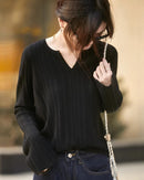 Ribbed V-Neck Bell Sleeve Knit Top