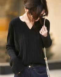 Ribbed V-Neck Bell Sleeve Knit Top