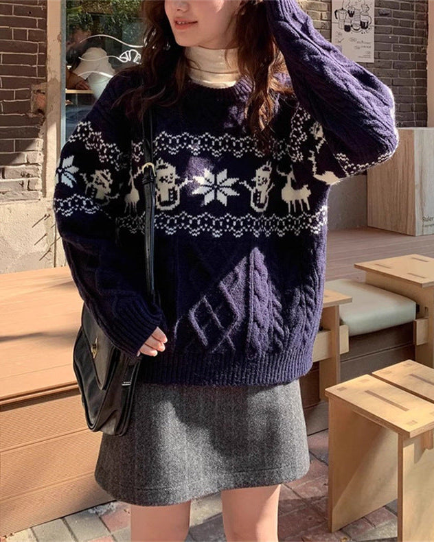 Christmas Retro Jacquard Crew Neck Sweater