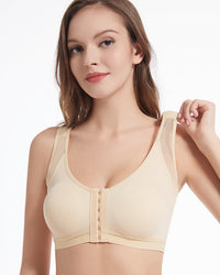 Front hook closure wire free bra with breathable mesh wide straps. Posture supportive intimates perfect for daily casual wear.