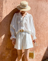 V-Neck Lace-Trimmed Puff-Sleeve Blouse