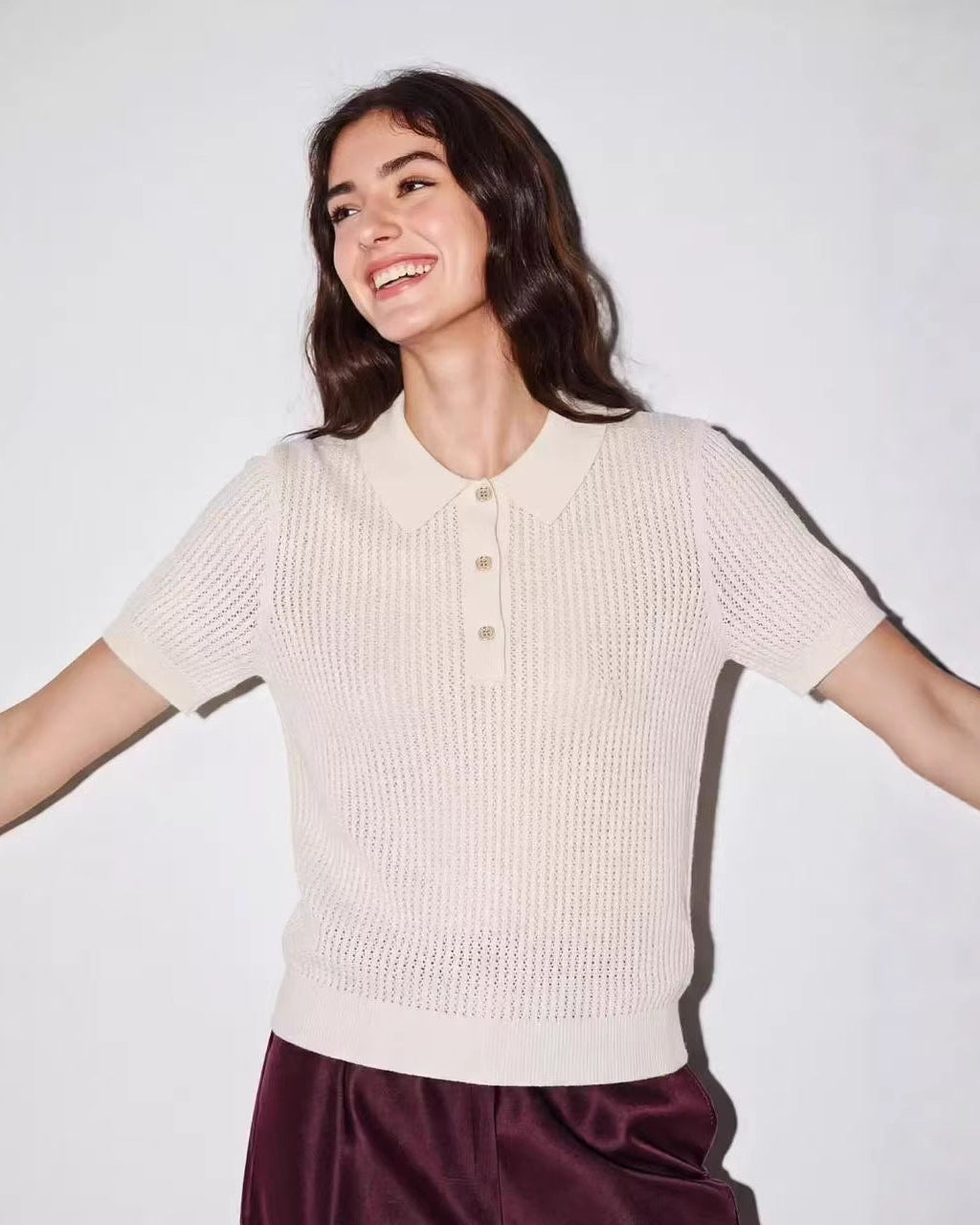 Wool Openwork Polo Collar Short-Sleeved Sweater