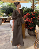 V-Neck Ruffled Short-Sleeved Skirt Set