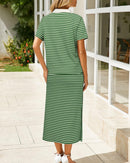 Collared Short-Sleeved Slit Skirt Two-Piece Set