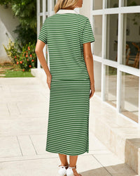 Collared Short-Sleeved Slit Skirt Two-Piece Set
