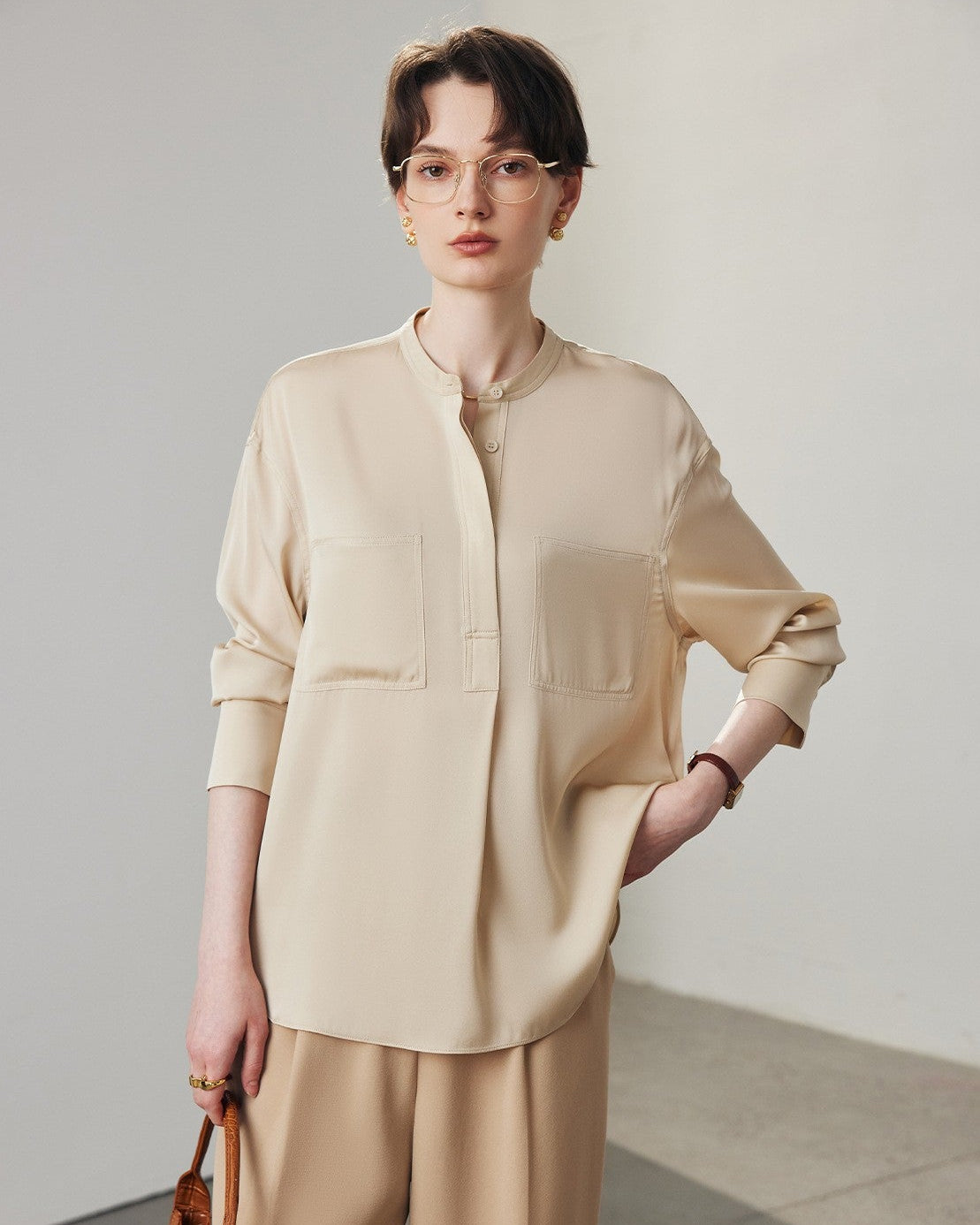 Loose-Fit Long-Sleeve Silk Shirt With Stand Collar