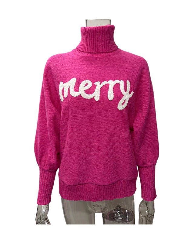 High-Neck Batwing Sleeve Christmas Knit Sweater