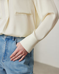 Loose-Fit Long-Sleeve Silk Shirt With Stand Collar