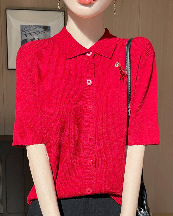 New Wool Polo Collar Short-Sleeved Cardigan