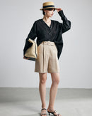 Loose-Fit Long-Sleeve V-Neck Linen Shirt