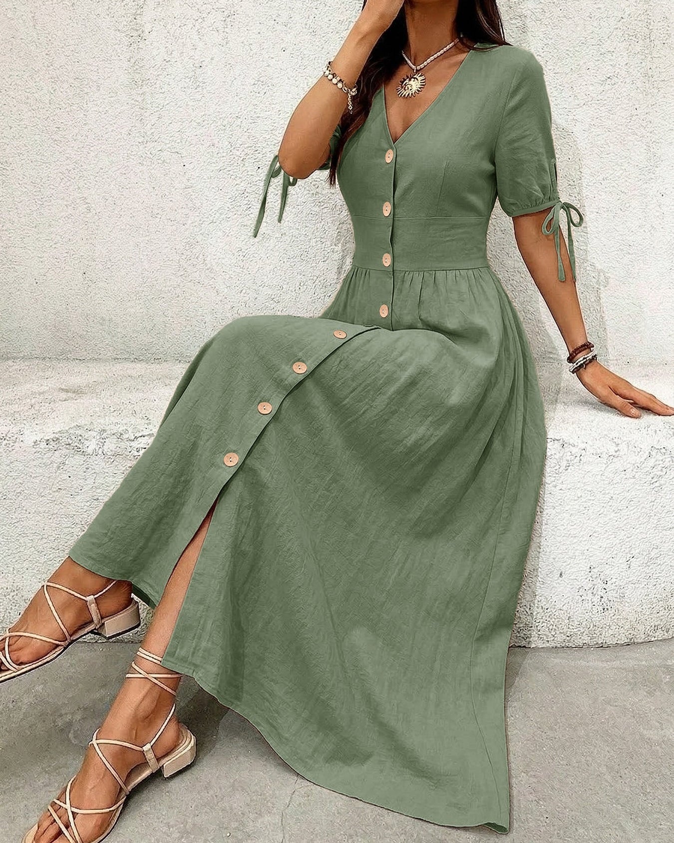 Casual Short-Sleeved V-Neck Dress