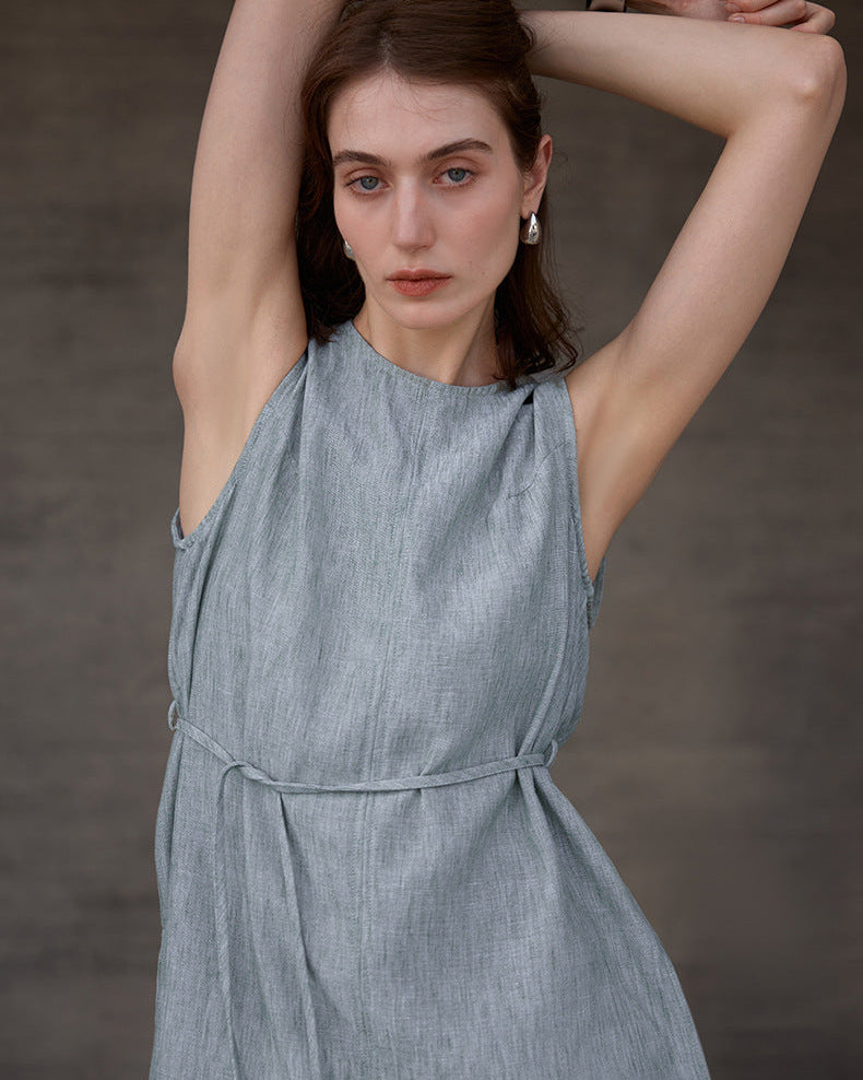Mid-Length Crew Neck Linen Vest