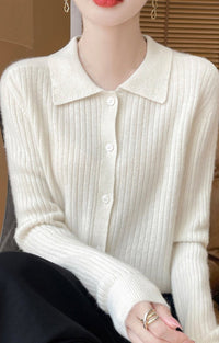 Wool Cardigan Polo Collar Knit Sweater